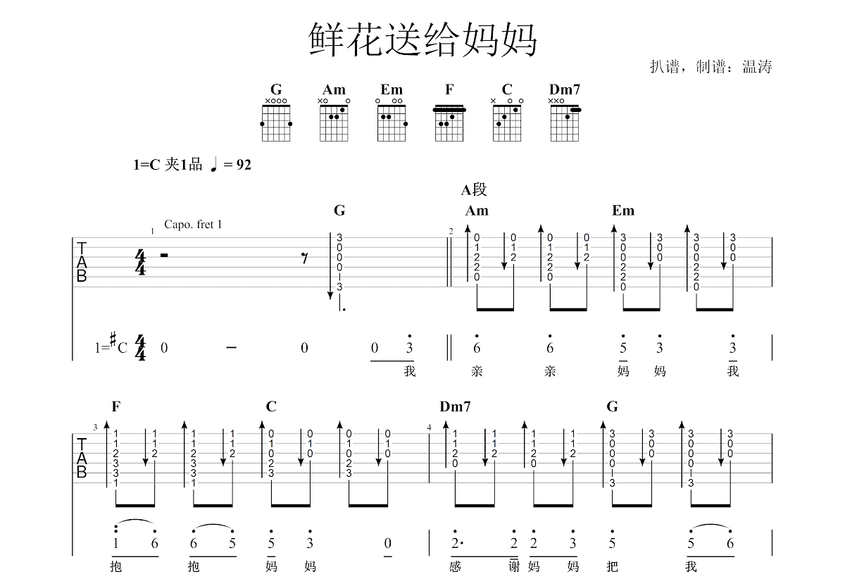 鲜花送给妈妈吉他谱预览图