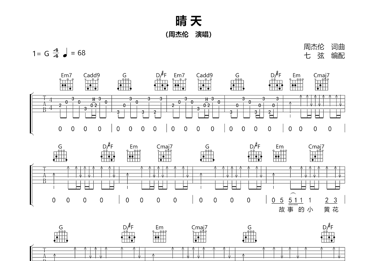 晴天吉他谱_周杰伦_G调弹唱