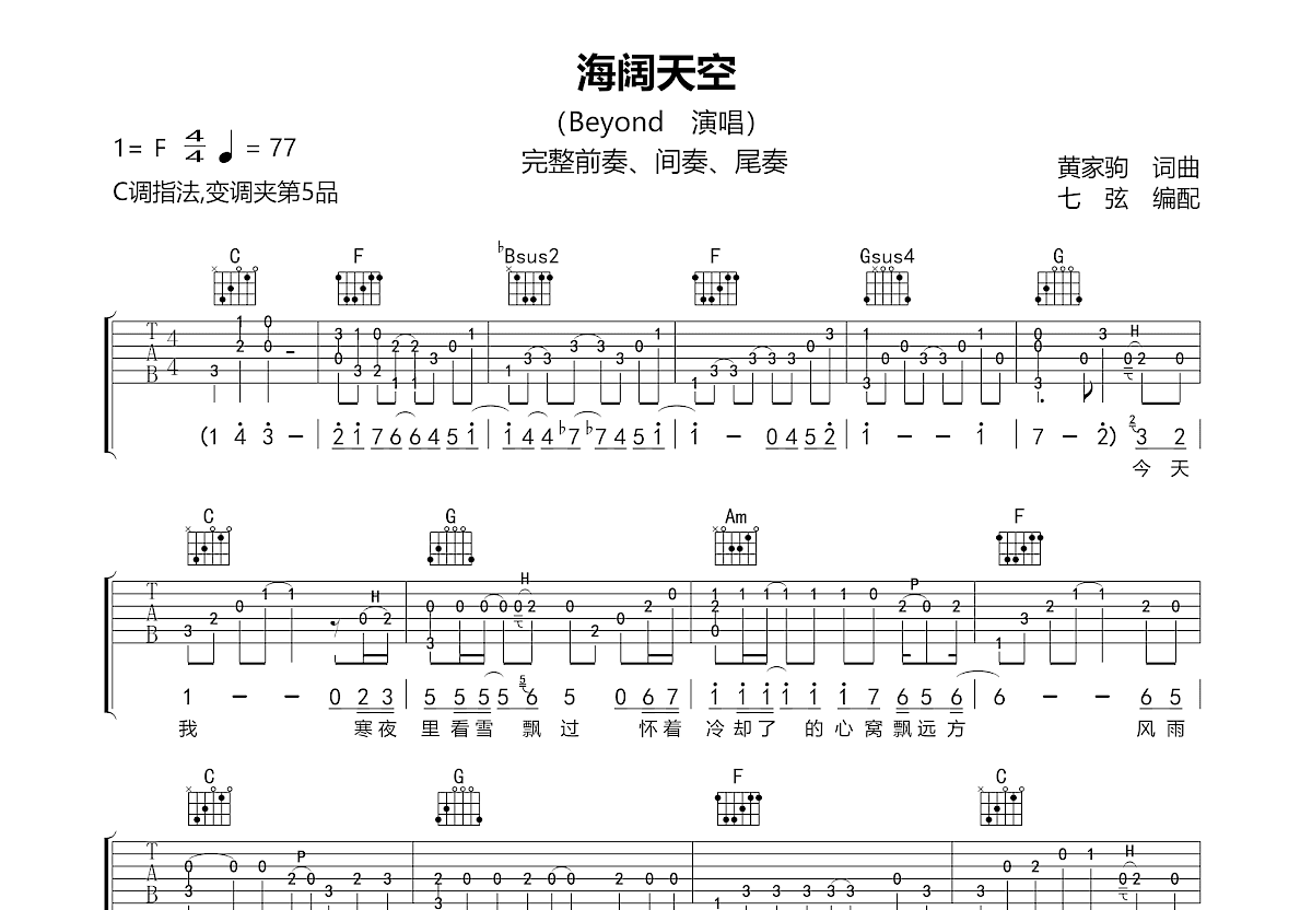 海阔天空吉他谱预览图