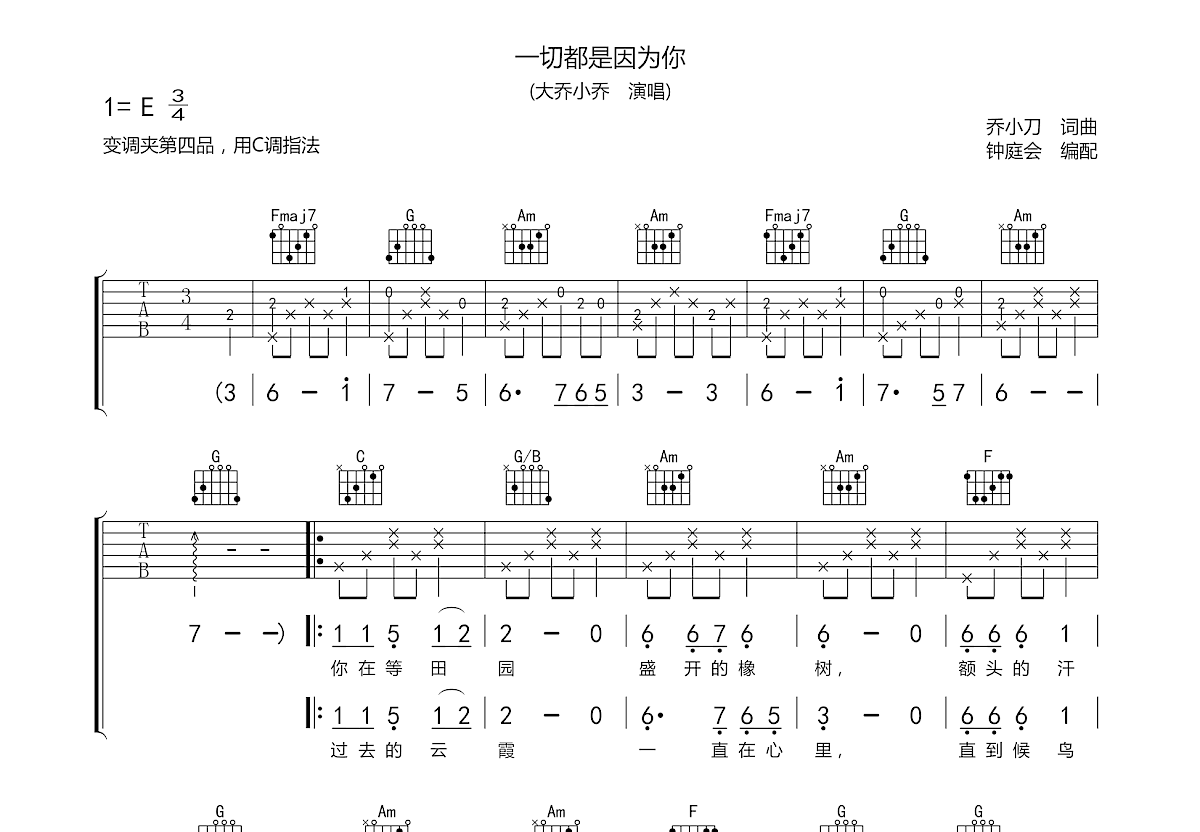 一切都是因为你吉他谱预览图