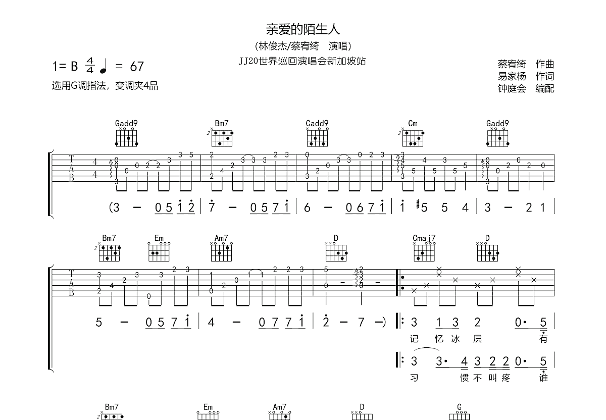 亲爱的陌生人吉他谱预览图