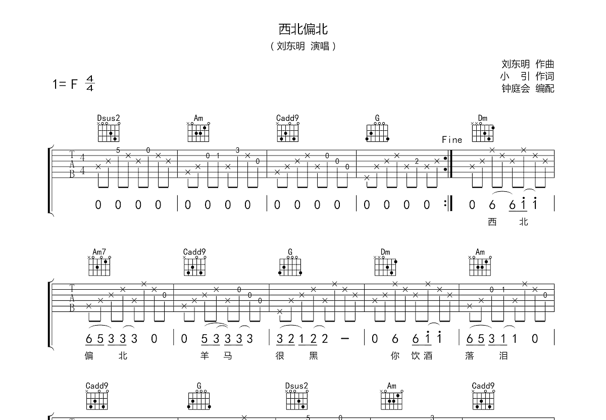 西北偏北吉他谱预览图