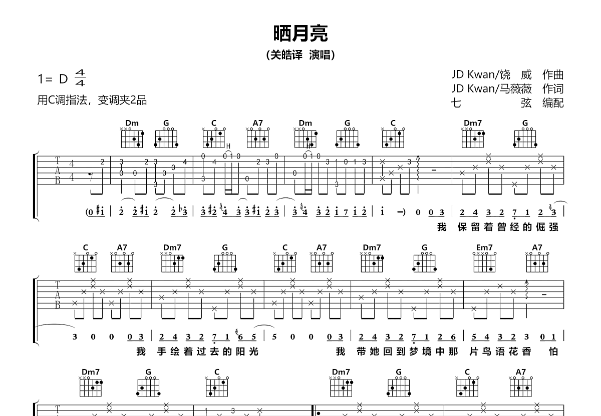 晒月亮吉他谱_关皓译_C调弹唱