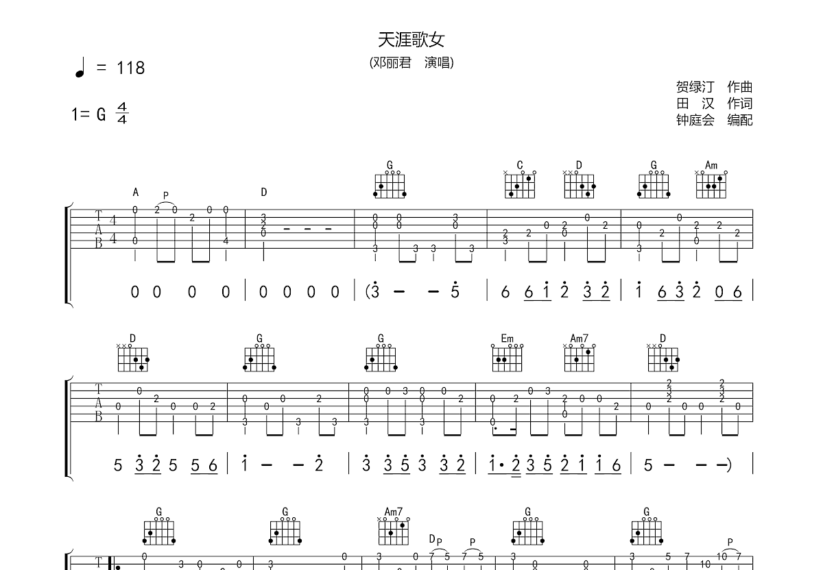 天涯歌女吉他谱g调图片