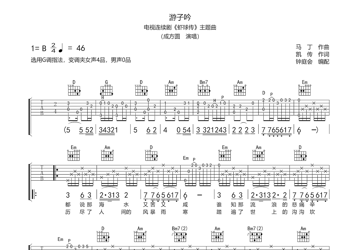 游子吟吉他谱预览图