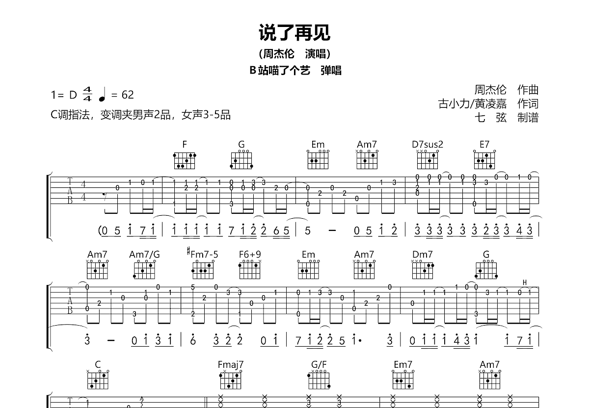 说了再见吉他谱_喵了个艺_C调弹唱