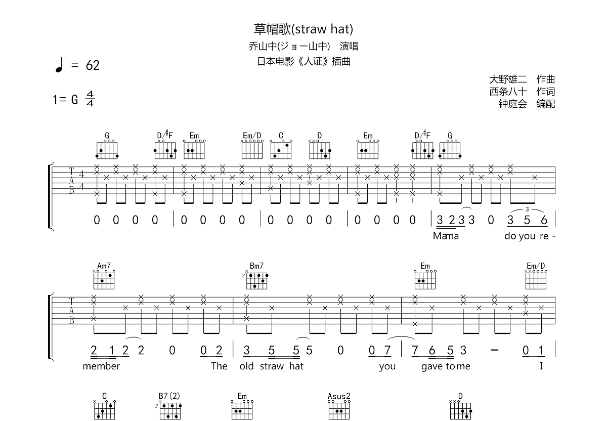 草帽歌吉他谱预览图