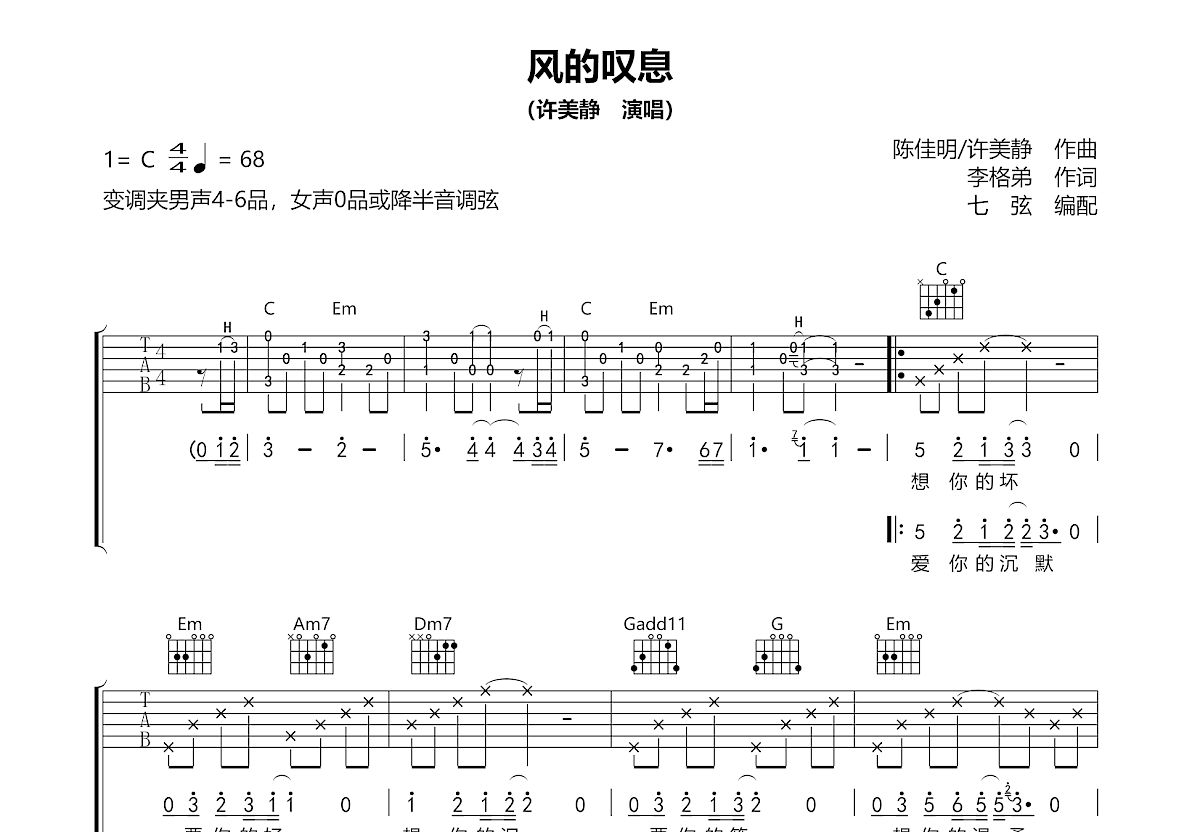 风的叹息吉他谱_许美静_C调弹唱
