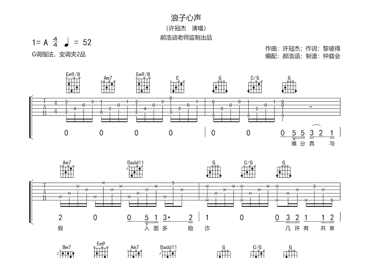 浪子心声吉他谱预览图