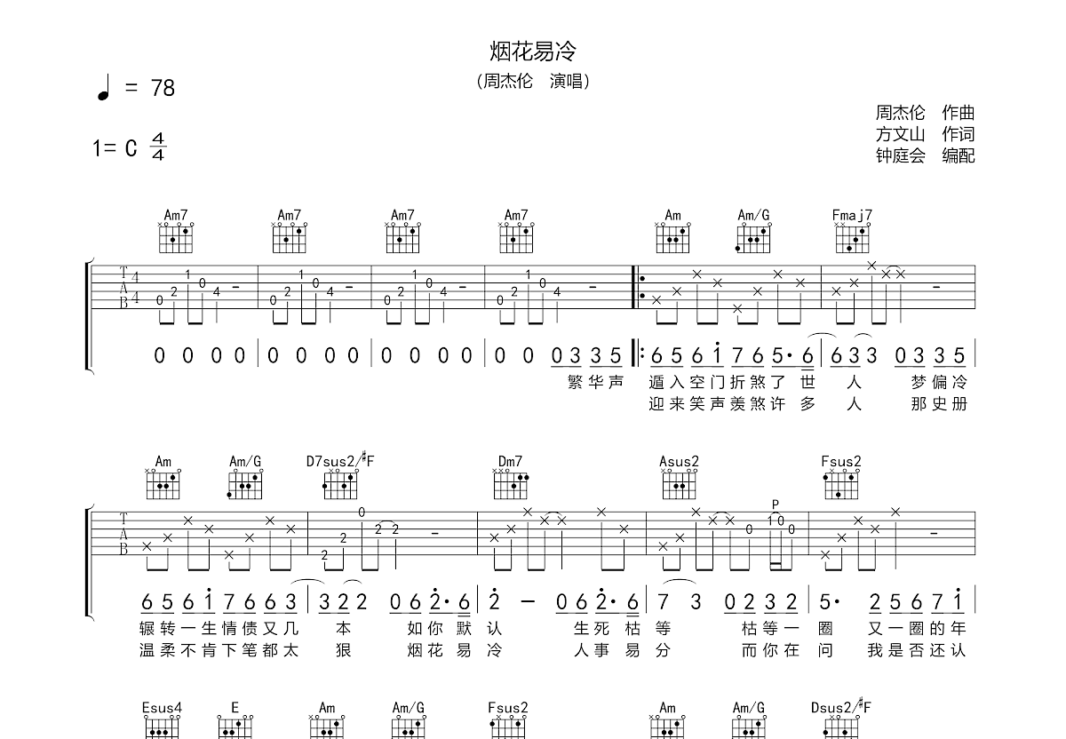 烟花易冷吉他谱预览图