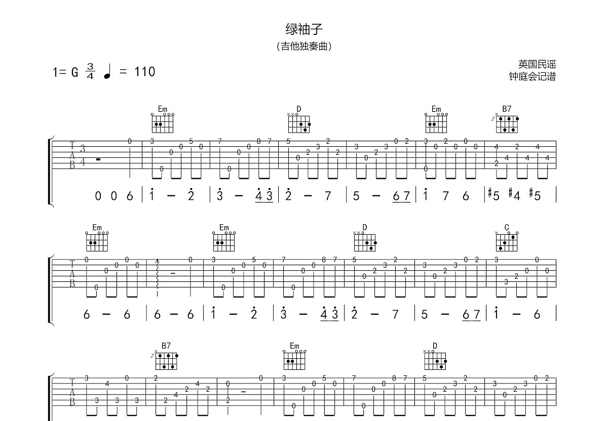 绿袖子吉他谱预览图