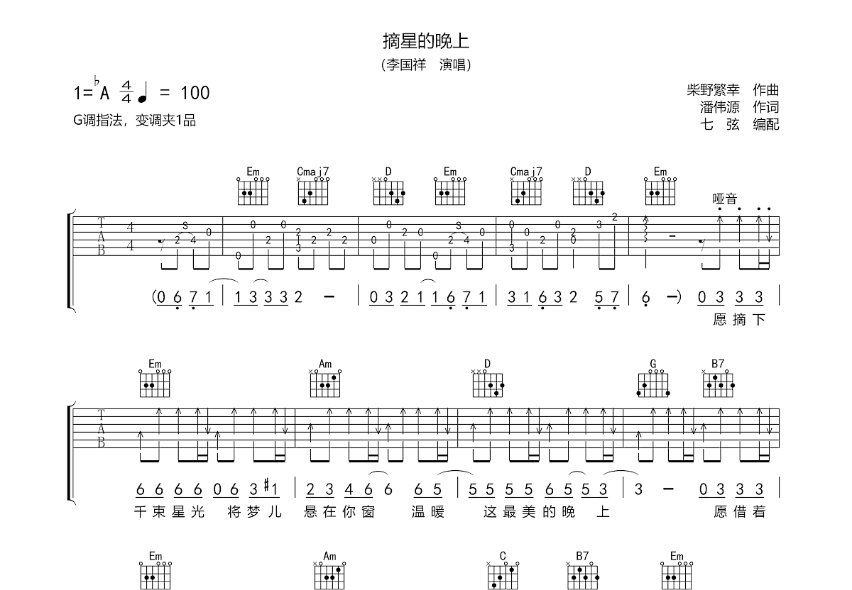 摘星的晚上吉他谱预览图