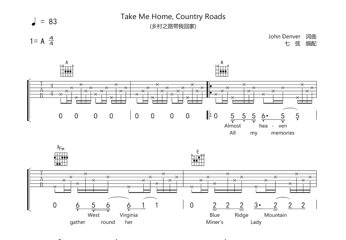 Take Me Home, Country Roads吉他谱预览图