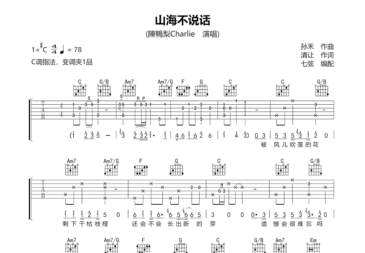 山海不说话吉他谱预览图