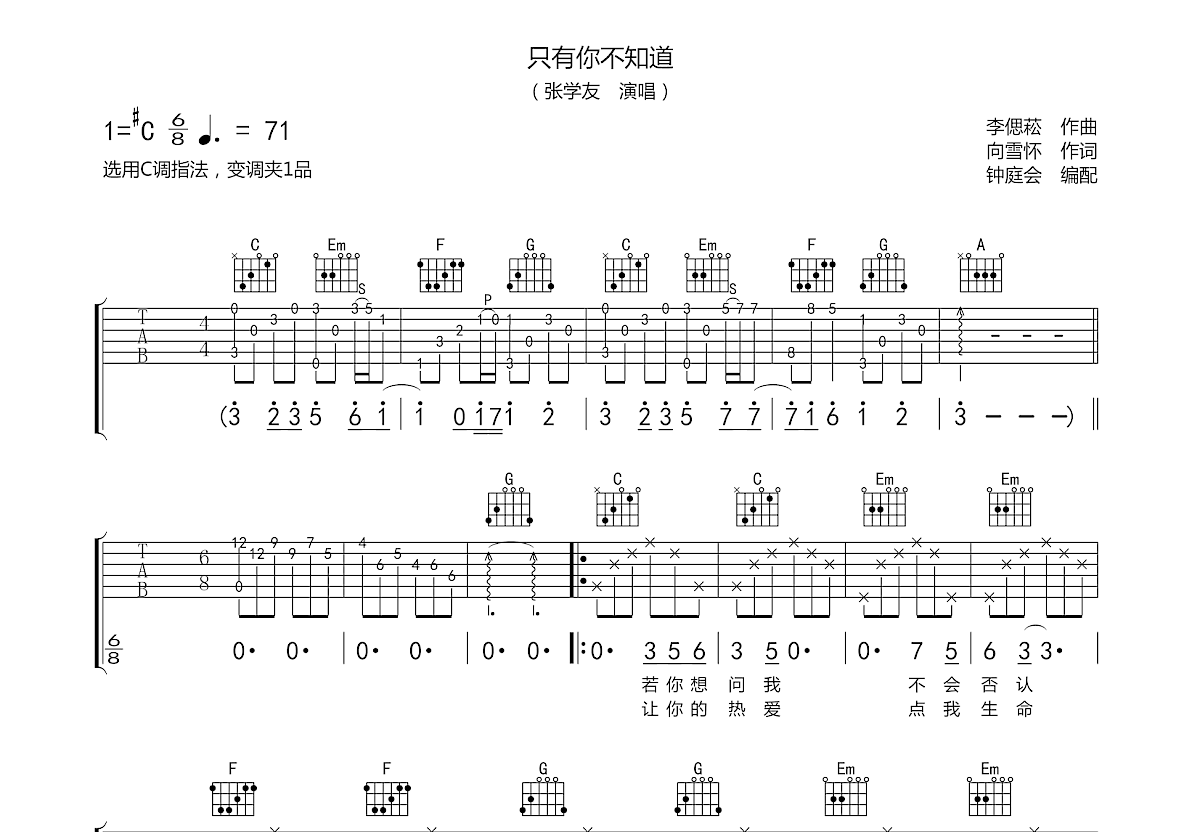 只有你不知道吉他谱预览图