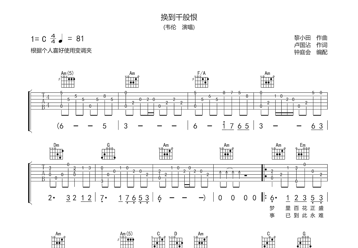 换到千般恨吉他谱预览图