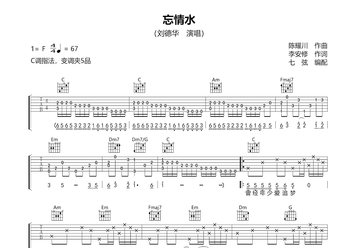 忘情水吉他谱预览图