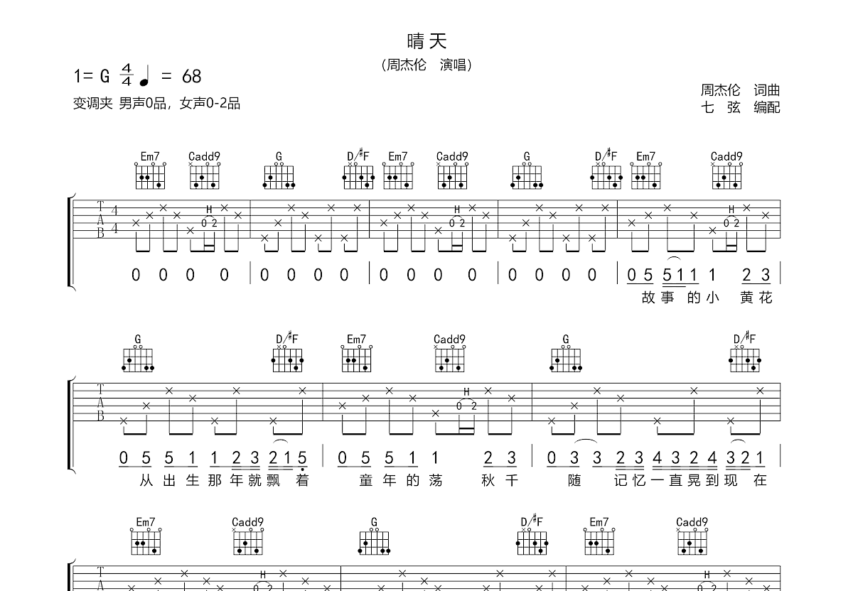 晴天吉他谱_周杰伦_G调弹唱