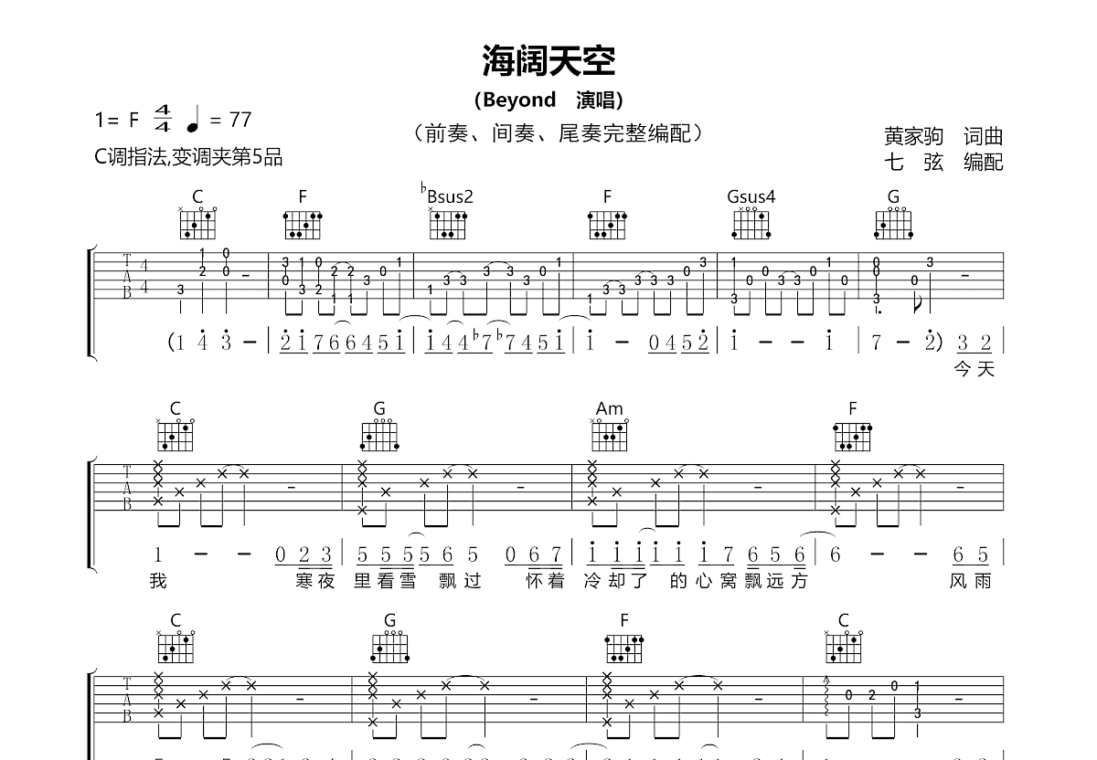 海阔天空吉他谱预览图