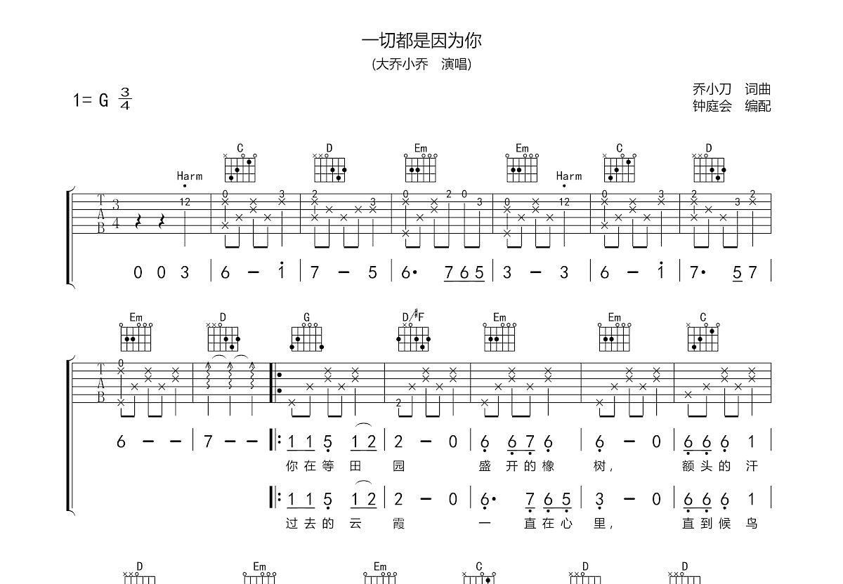 一切都是因为你吉他谱预览图