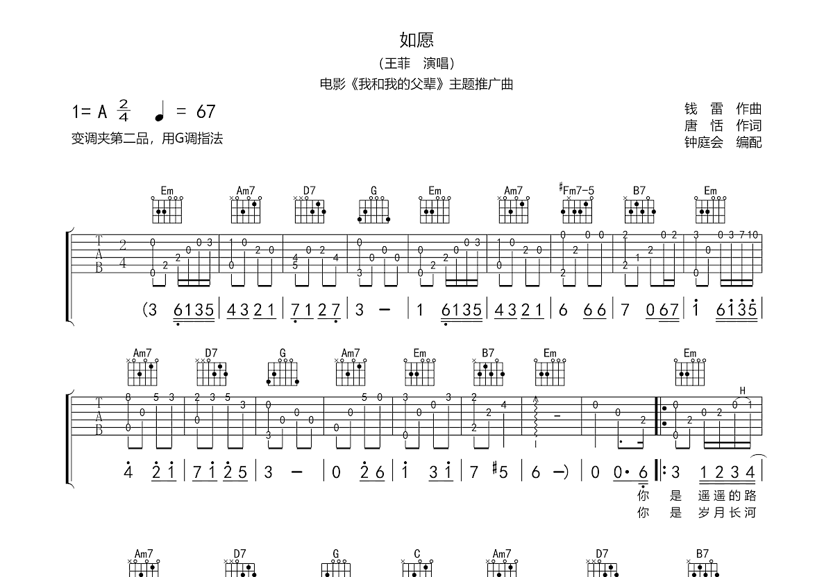 如愿吉他谱预览图