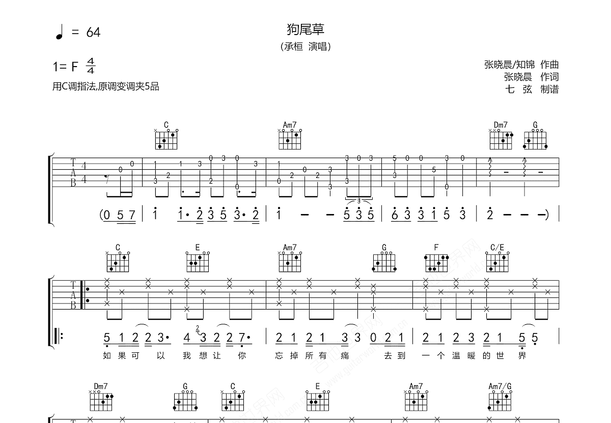 狗尾草吉他谱_承桓_C调弹唱
