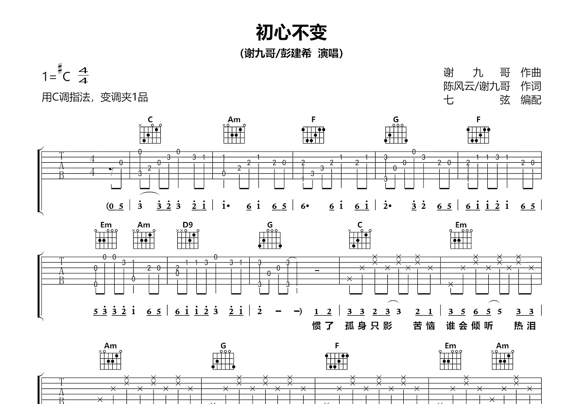 初心不变吉他谱预览图