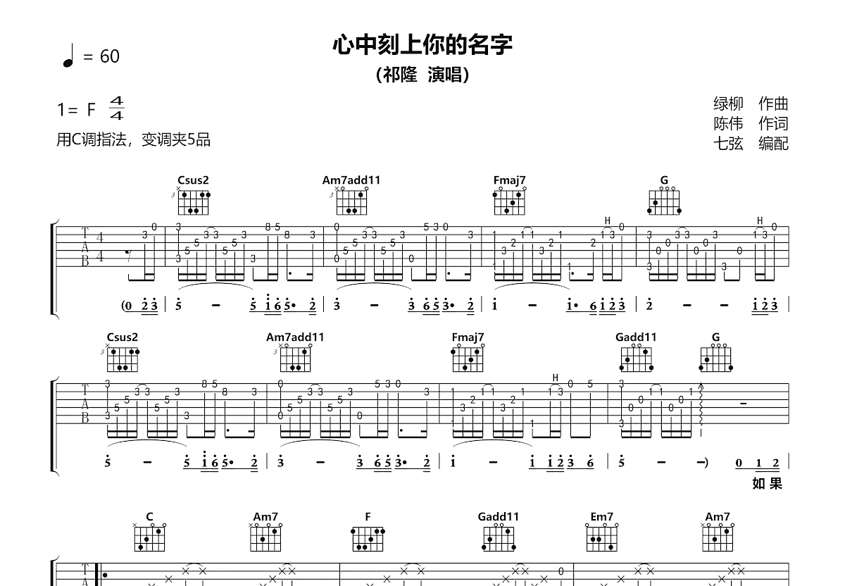 心中刻上你的名字吉他谱预览图