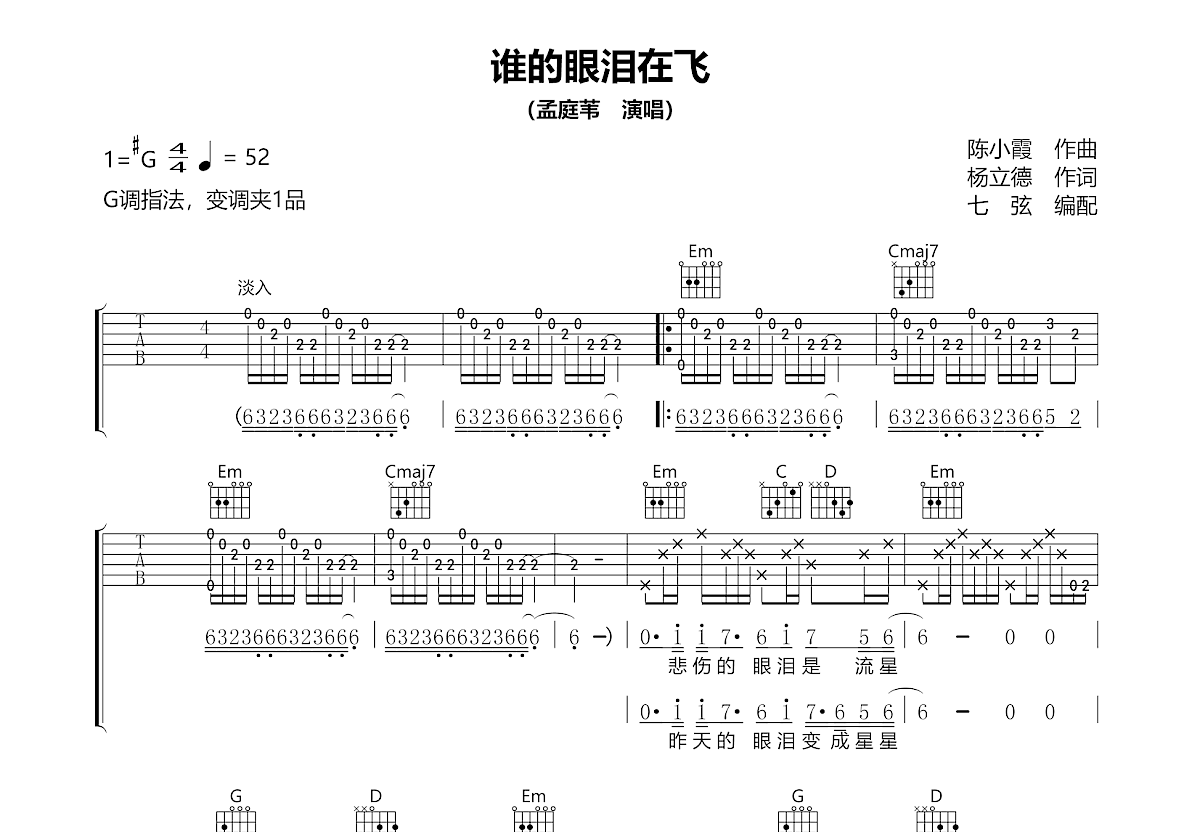 谁的眼泪在飞吉他谱_孟庭苇_G调弹唱