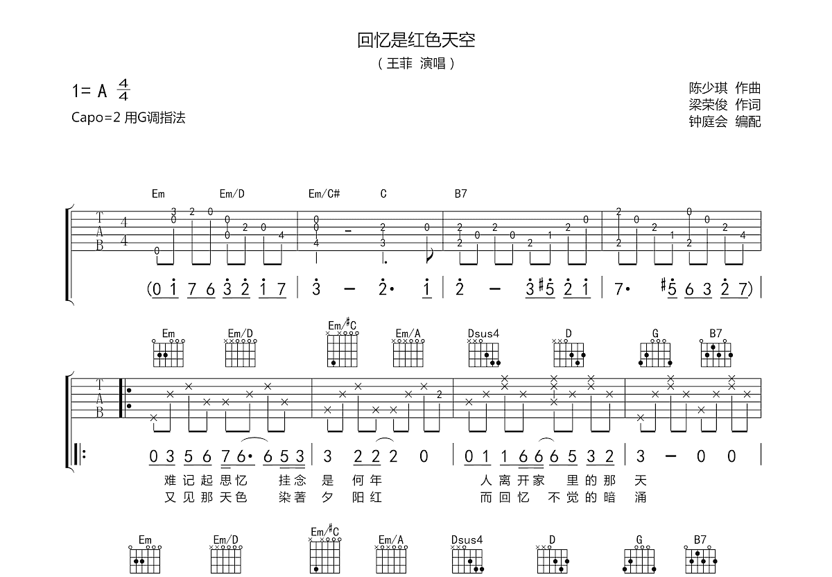 回忆是红色天空吉他谱预览图