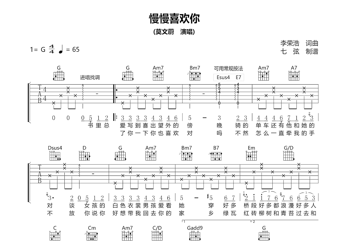 慢慢喜欢你吉他谱预览图