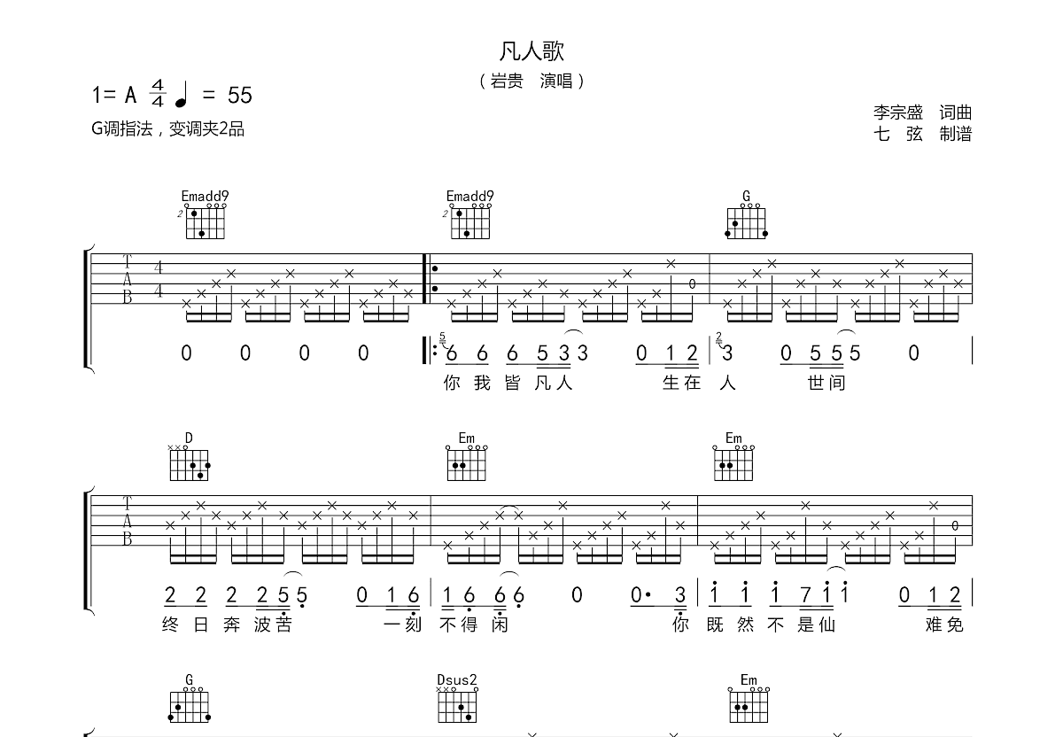 凡人歌吉他谱预览图