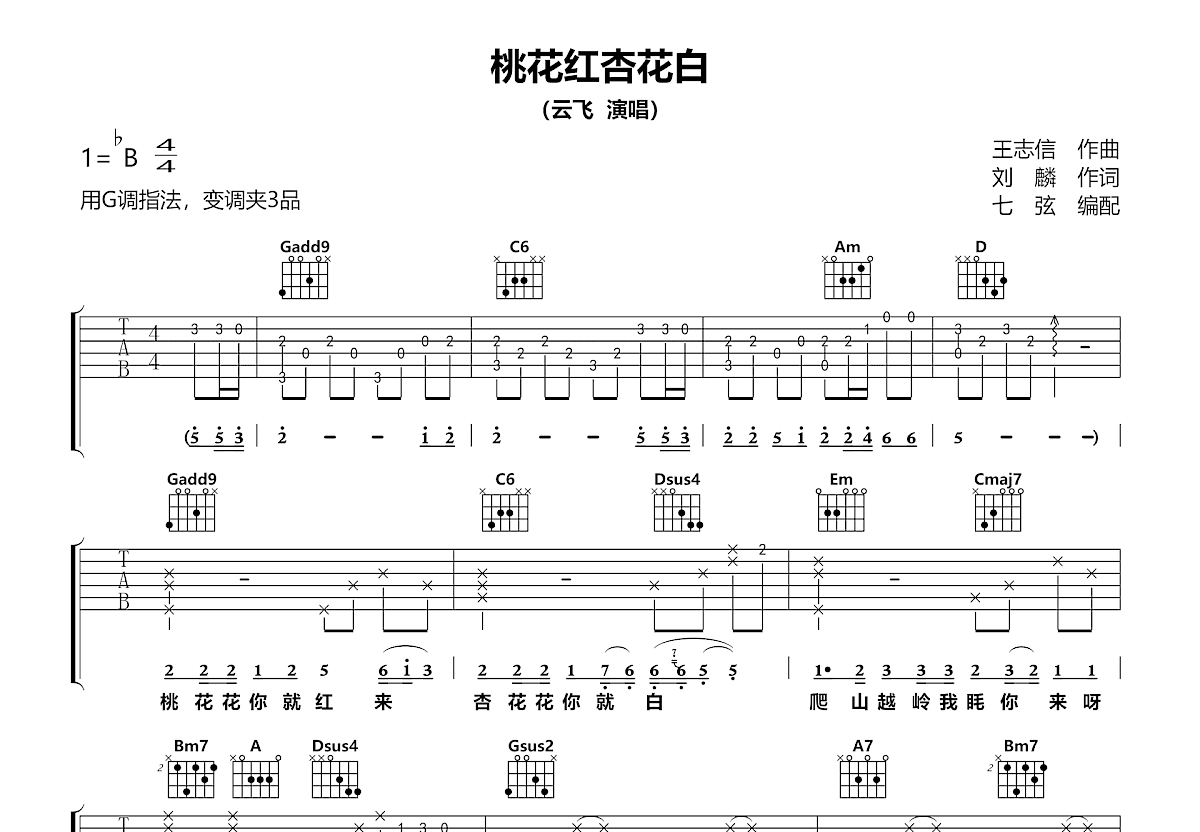 桃花红杏花白吉他谱_云飞_G调弹唱