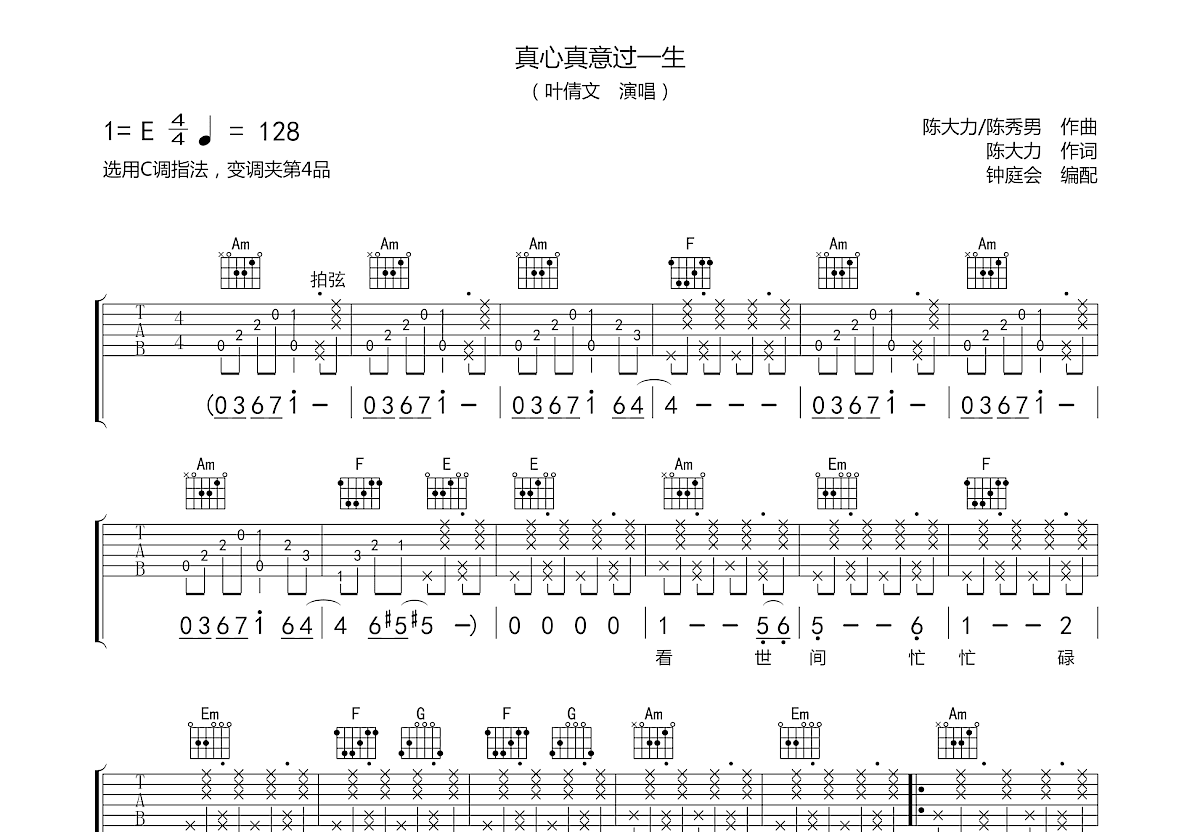 真心真意过一生吉他谱预览图