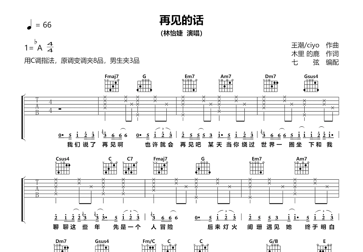 再见的话吉他谱预览图