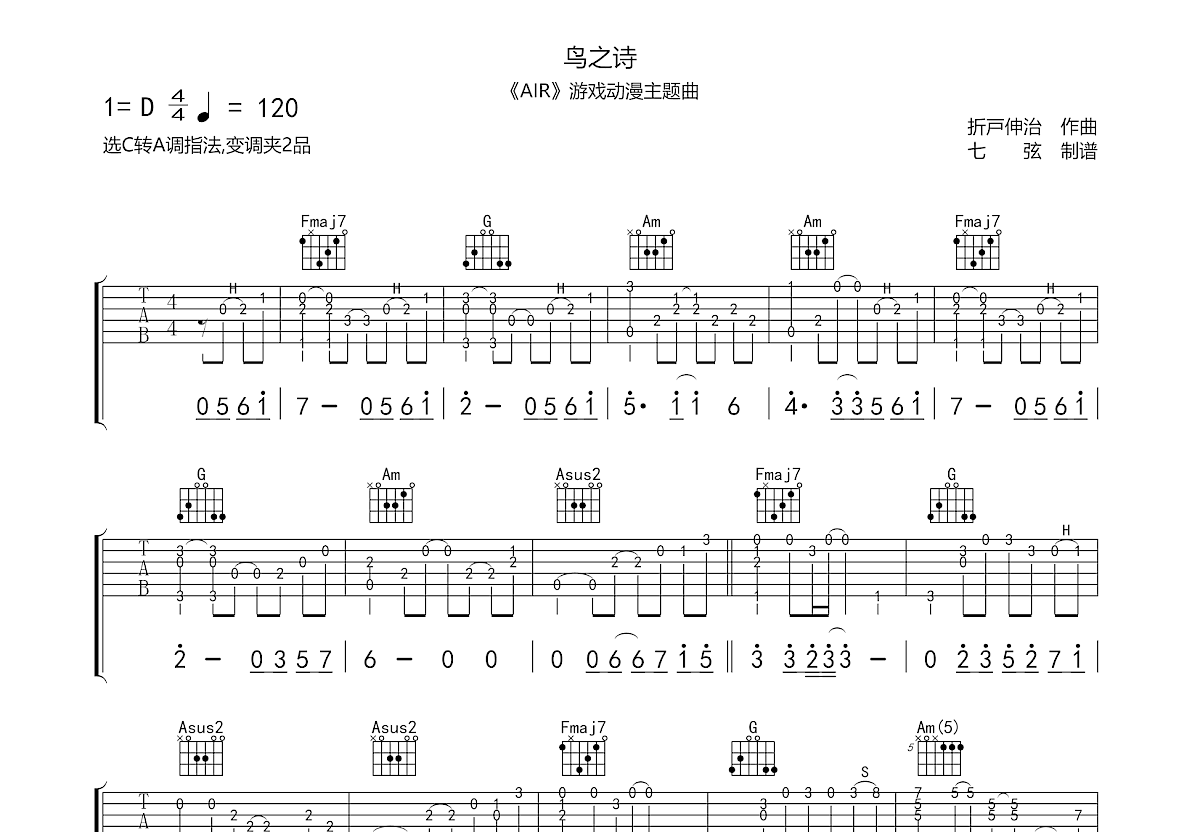 鸟之诗吉他谱预览图