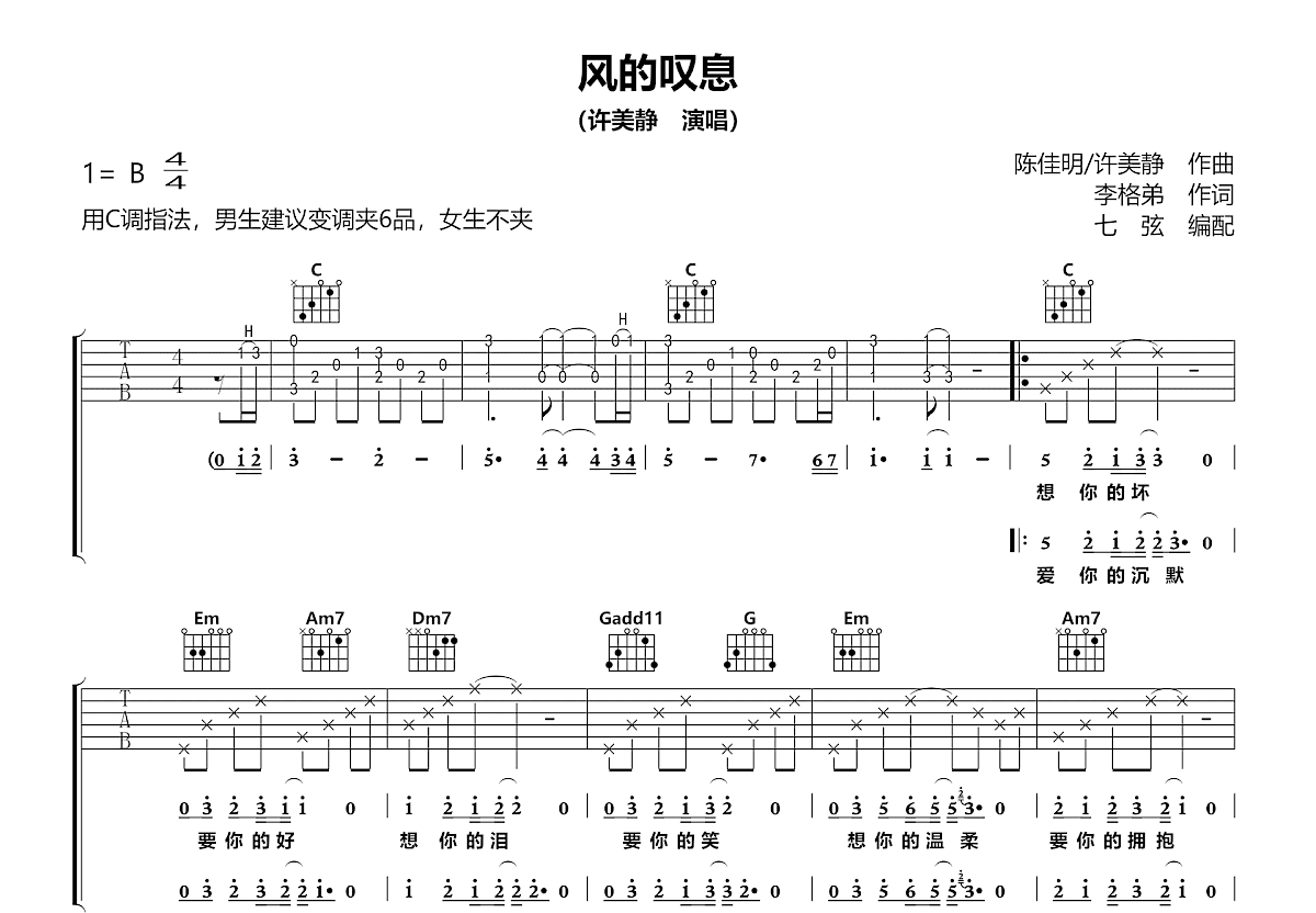风的叹息吉他谱_许美静_C调弹唱