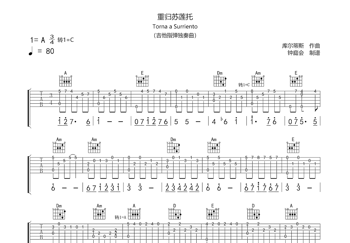 重归苏莲托吉他谱预览图