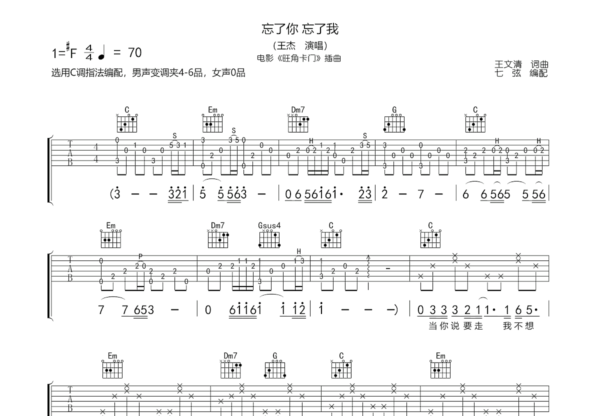 忘了你忘了我吉他谱_王杰_C调弹唱