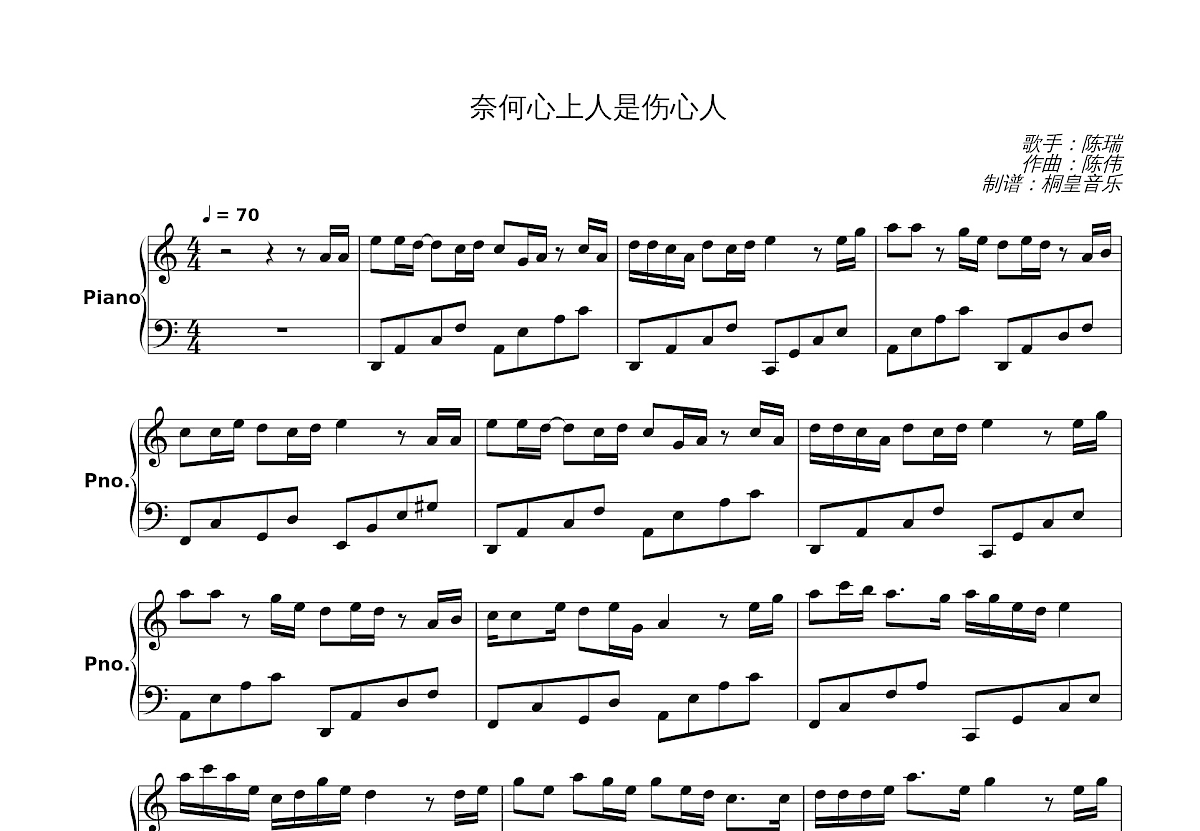 奈何心上人是伤心人钢琴谱_陈瑞_C调独奏