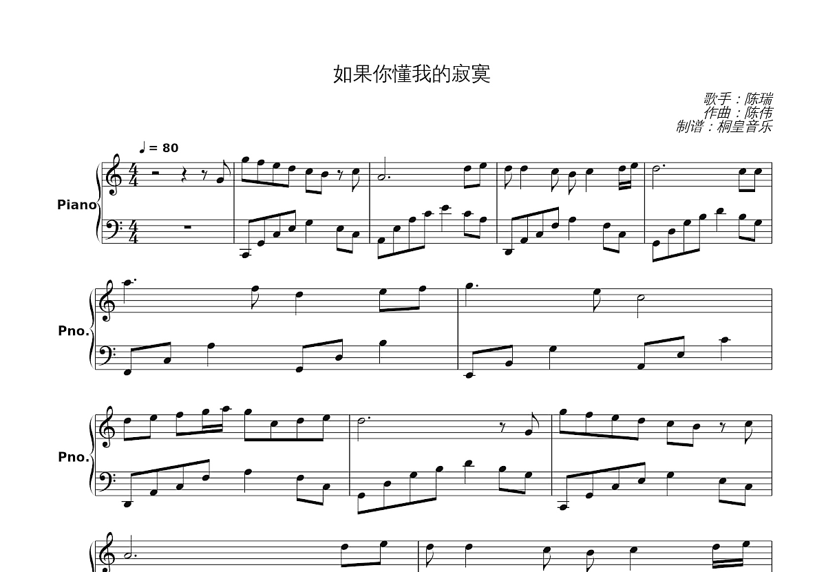 如果你懂我的寂寞钢琴谱_陈瑞_C调独奏