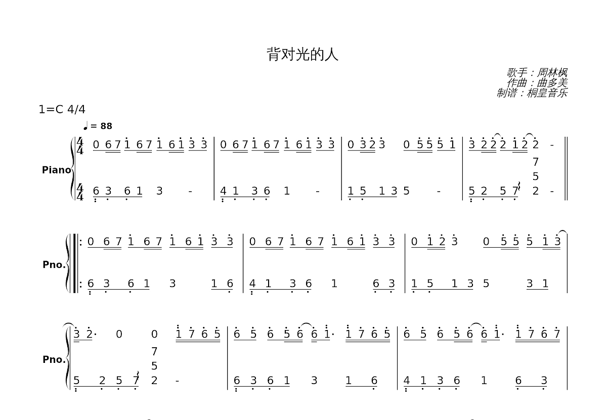 背对光的人简谱预览图