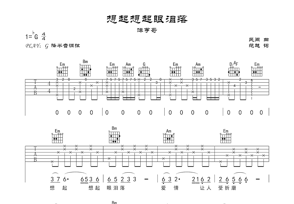 想起想起眼泪落吉他谱预览图