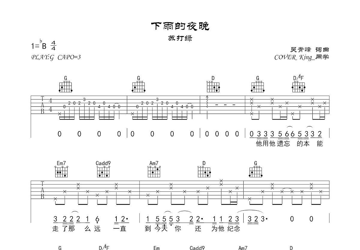 下雨的夜晚吉他谱预览图