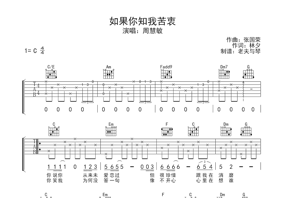 如果你知我苦衷吉他谱预览图