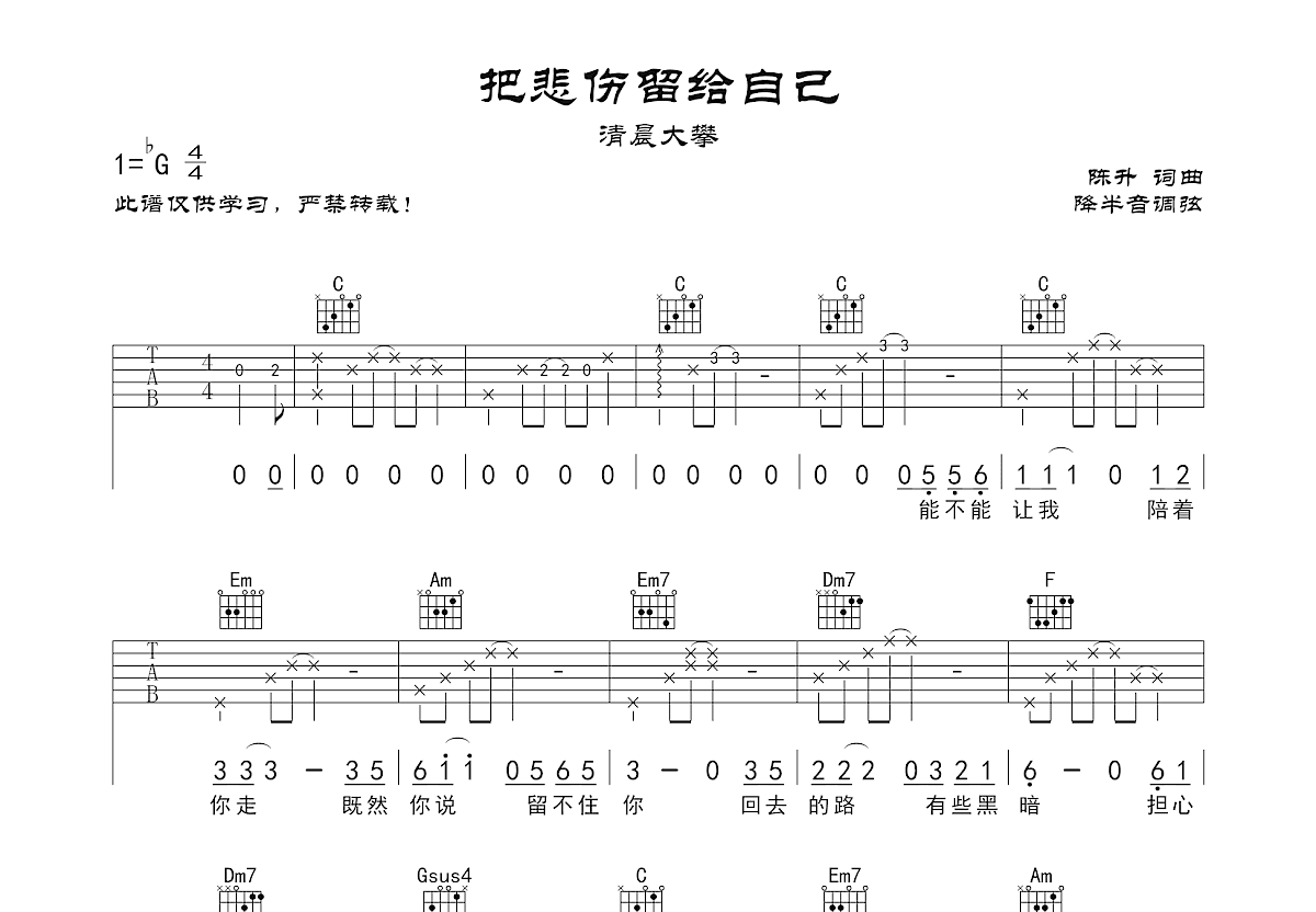 把悲伤留给自己吉他谱预览图