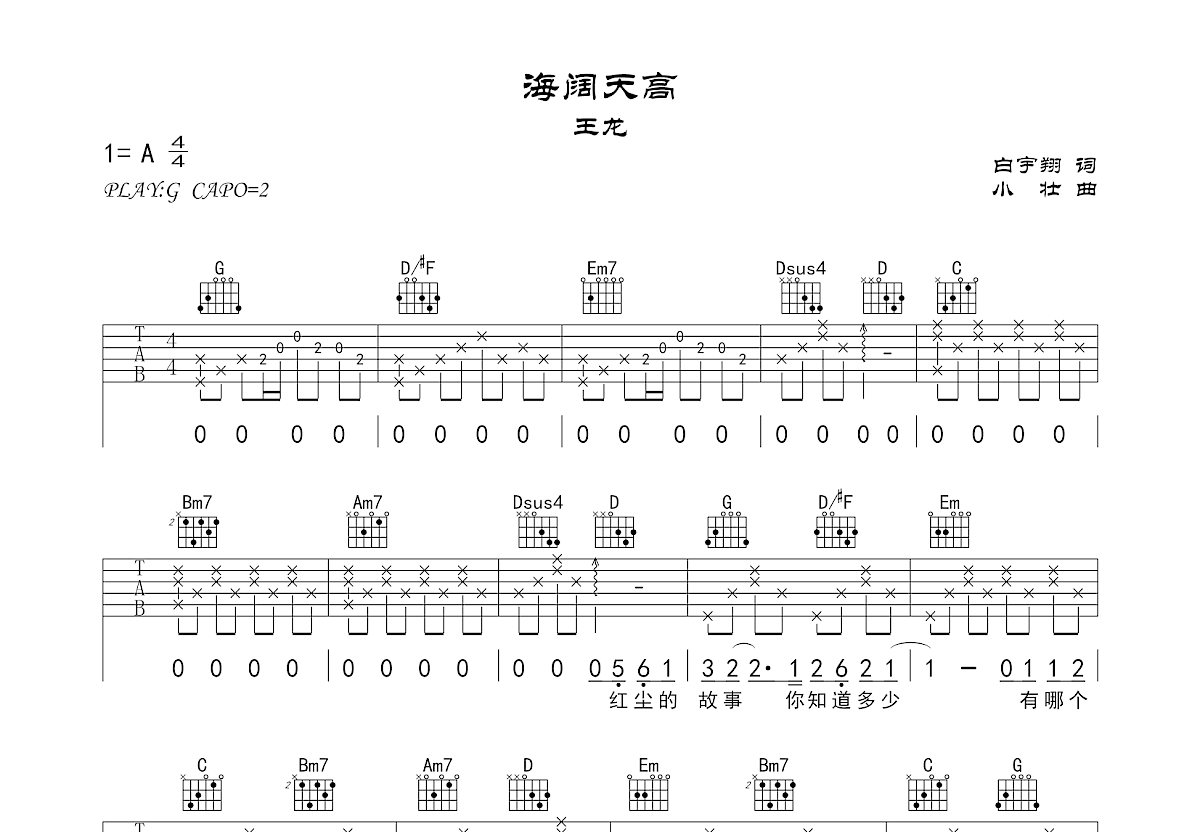 海阔天高吉他谱_王龙_G调弹唱