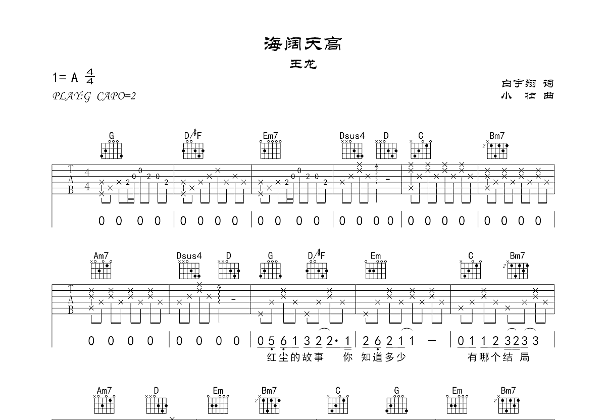 海阔天高吉他谱_王龙_G调弹唱