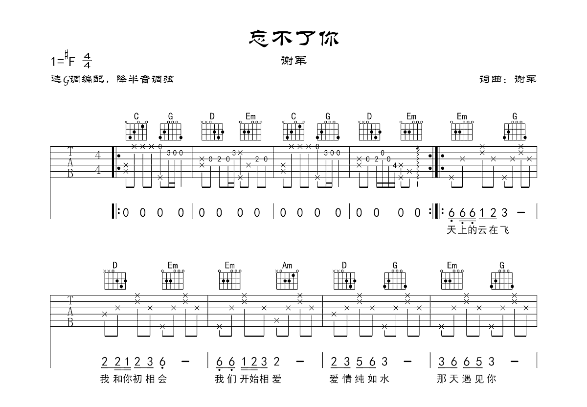 忘不了你吉他谱预览图