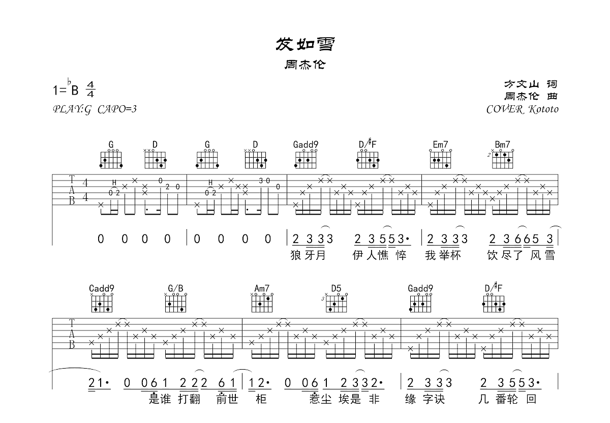 发如雪吉他谱预览图
